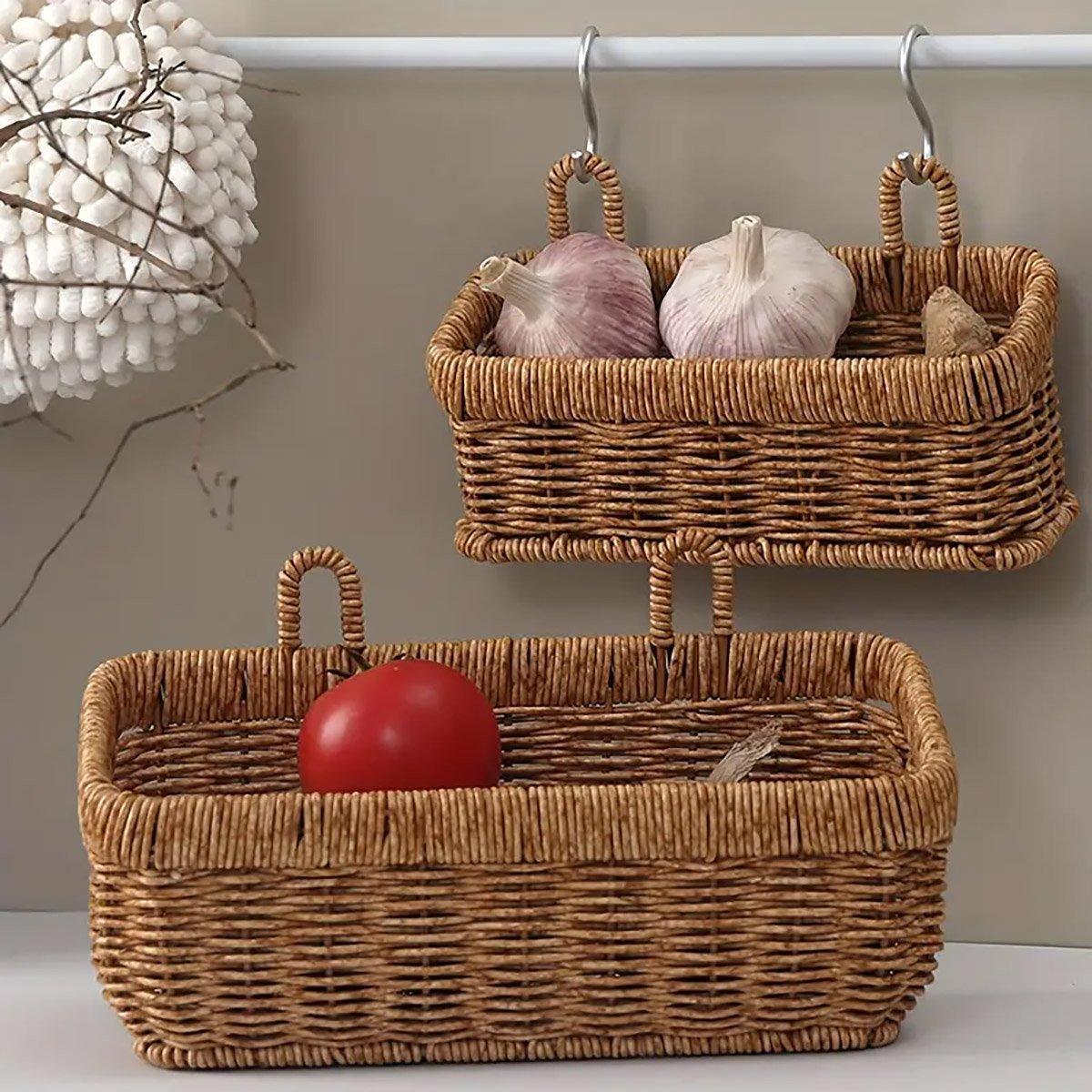 Wall-Mounted Rattan Style Hanging Storage Basket Kitchen Vegetable Fruit Basket - Small