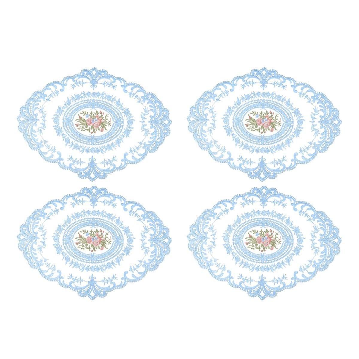 4 Pack Retro Lace Oval Placemats 31x42cm French Crochet Doilies 4 Colors Set - Sky Blue