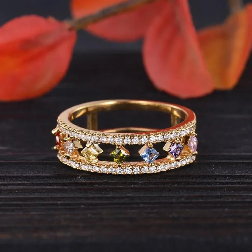 Rainbow Gold Ring Women Fashion Colorful Band Jewelry Gift 6-10 Sizes Ring - 10