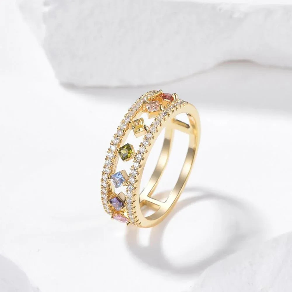 Rainbow Gold Ring Women Fashion Colorful Band Jewelry Gift 6-10 Sizes Ring - 10