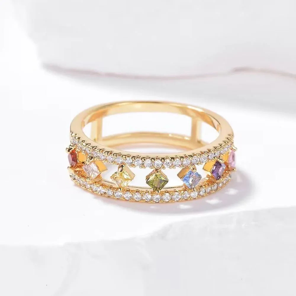 Rainbow Gold Ring Women Fashion Colorful Band Jewelry Gift 6-10 Sizes Ring - 10