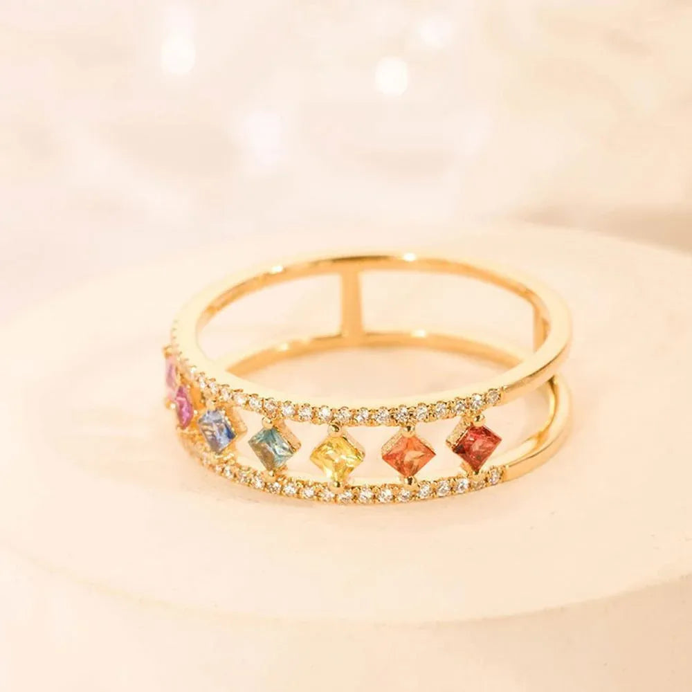 Rainbow Gold Ring Women Fashion Colorful Band Jewelry Gift 6-10 Sizes Ring - 10