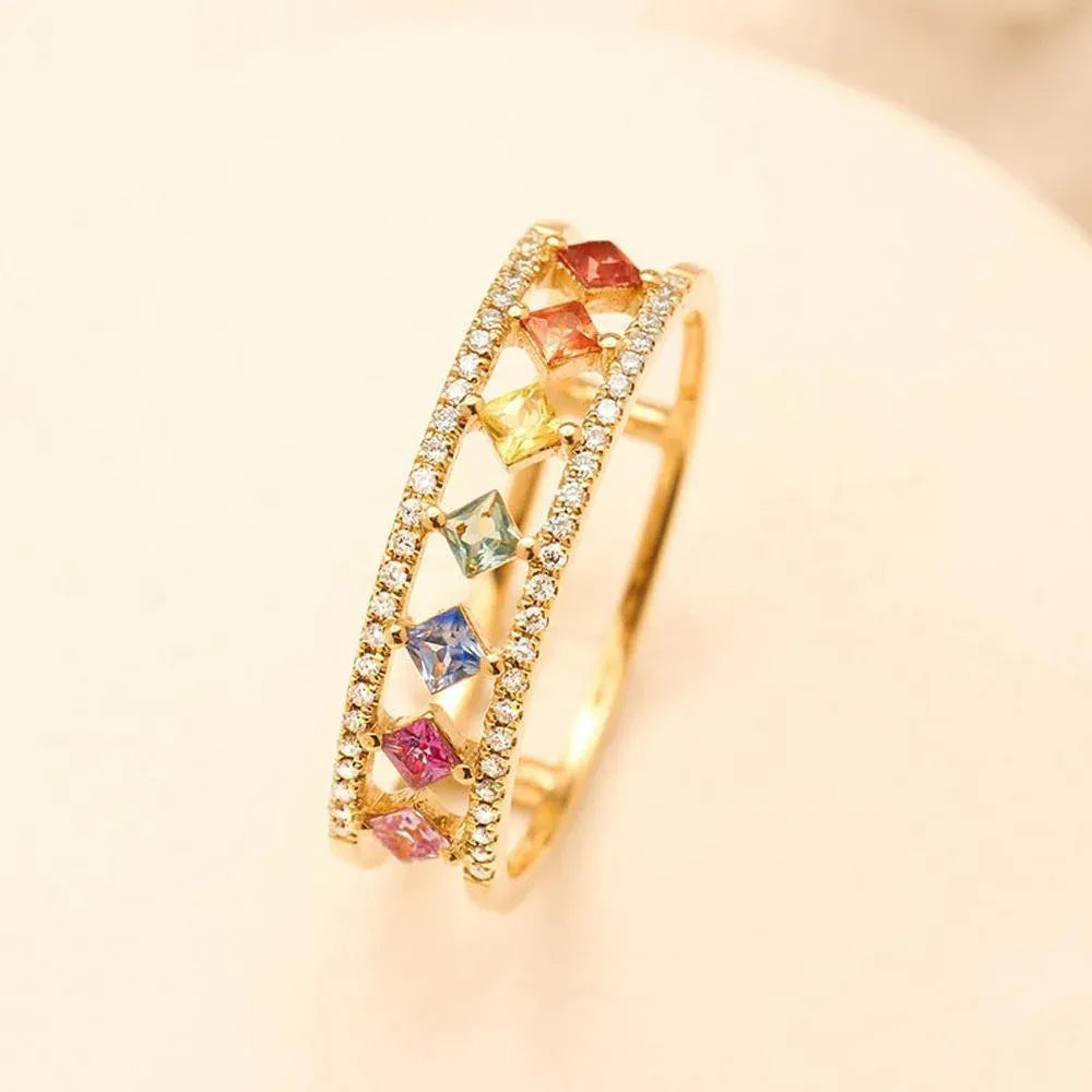 Rainbow Gold Ring Women Fashion Colorful Band Jewelry Gift 6-10 Sizes Ring - 10