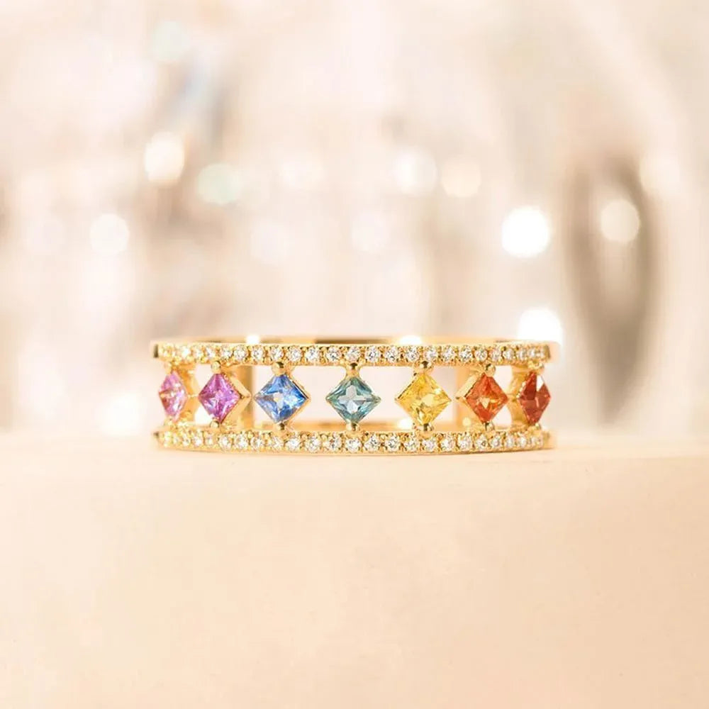 Rainbow Gold Ring Women Fashion Colorful Band Jewelry Gift 6-10 Sizes Ring - 10