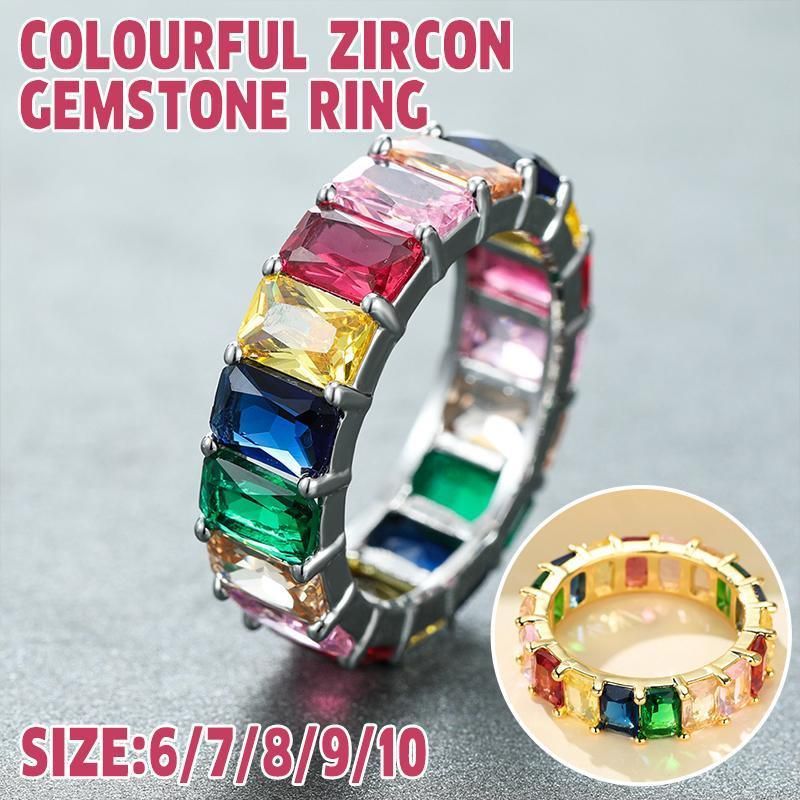 Rainbow Zircon Gemstone Ring Women's Stainless Steel Colourful Ring Size 6-10 - Gold-Multicolor-8