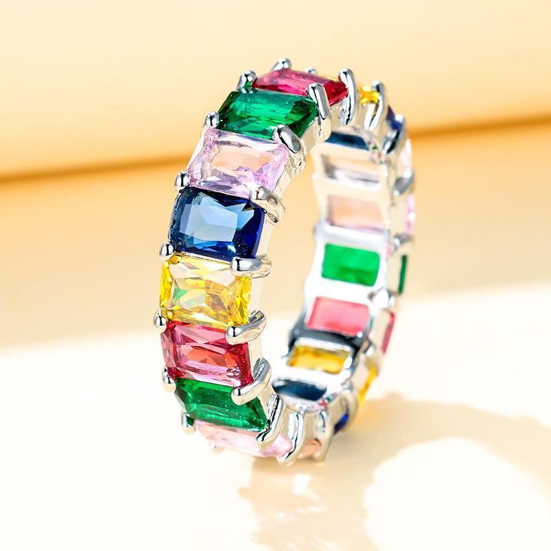 Rainbow Zircon Gemstone Ring Women's Stainless Steel Colourful Ring Size 6-10 - Gold-Multicolor-8