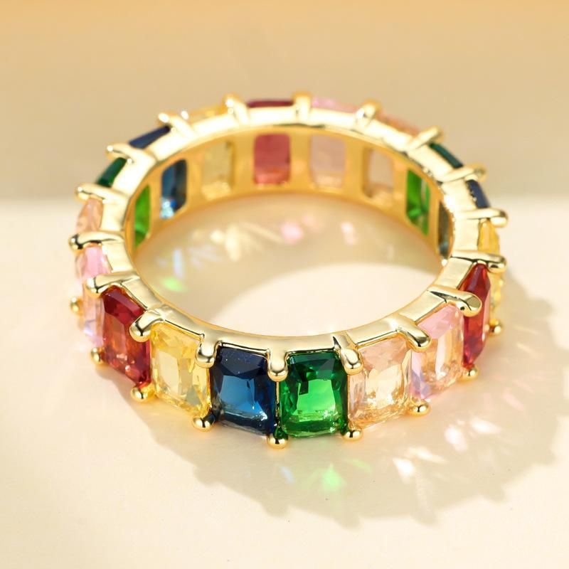 Rainbow Zircon Gemstone Ring Women's Stainless Steel Colourful Ring Size 6-10 - Gold-Multicolor-8