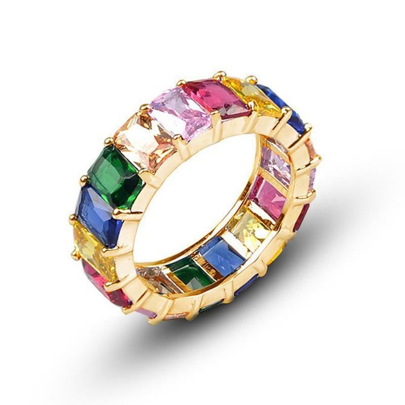 Rainbow Zircon Gemstone Ring Women's Stainless Steel Colourful Ring Size 6-10 - Gold-Multicolor-9