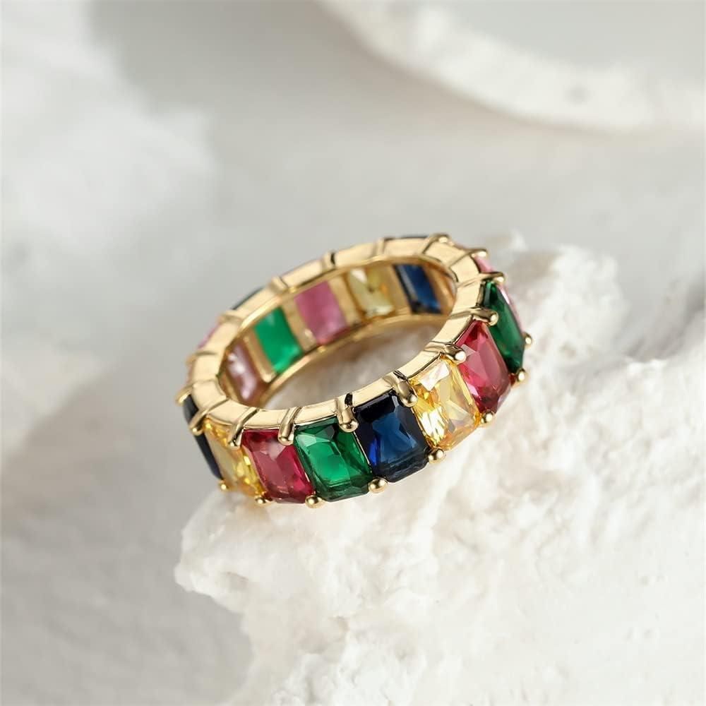 Rainbow Zircon Gemstone Ring Women's Stainless Steel Colourful Ring Size 6-10 - Gold-Multicolor-9
