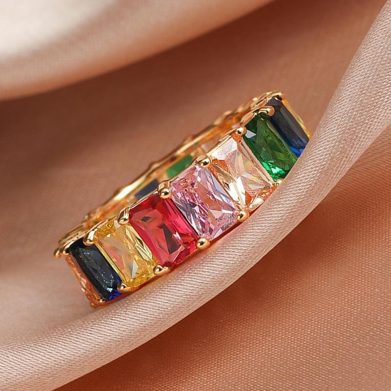 Rainbow Zircon Gemstone Ring Women's Stainless Steel Colourful Ring Size 6-10 - Gold-Multicolor-9