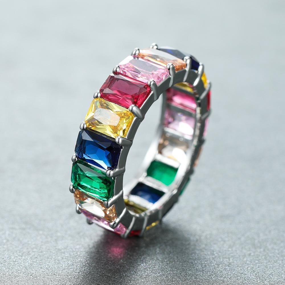 Rainbow Zircon Gemstone Ring Women's Stainless Steel Colourful Ring Size 6-10 - Gold-Multicolor-9