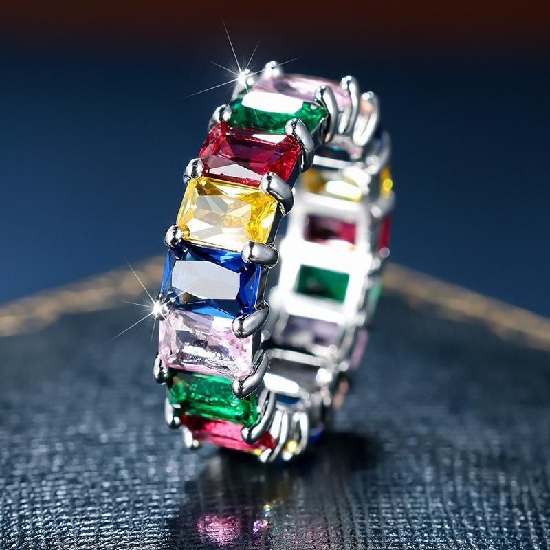 Rainbow Zircon Gemstone Ring Women's Stainless Steel Colourful Ring Size 6-10 - Silver-Multicolor-10