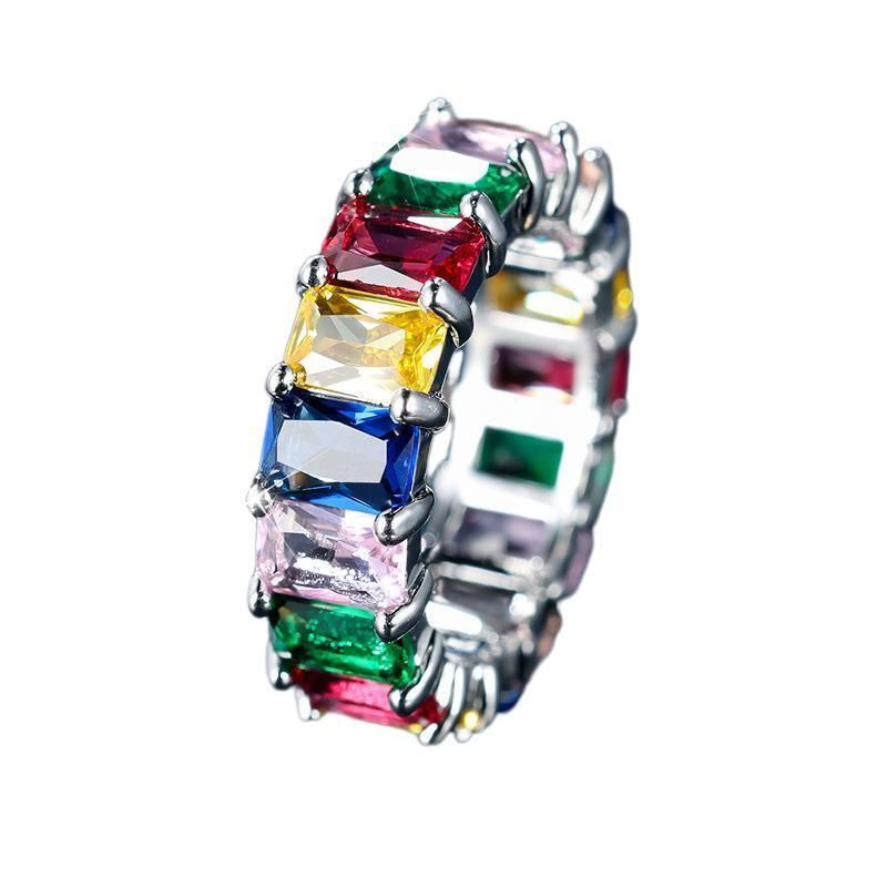 Rainbow Zircon Gemstone Ring Women's Stainless Steel Colourful Ring Size 6-10 - Silver-Multicolor-6