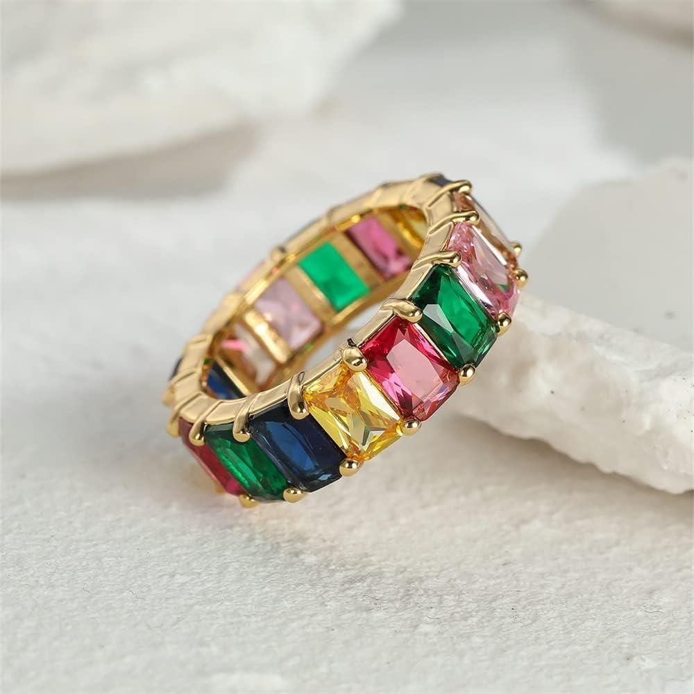 Rainbow Zircon Gemstone Ring Women's Stainless Steel Colourful Ring Size 6-10 - Silver-Multicolor-6