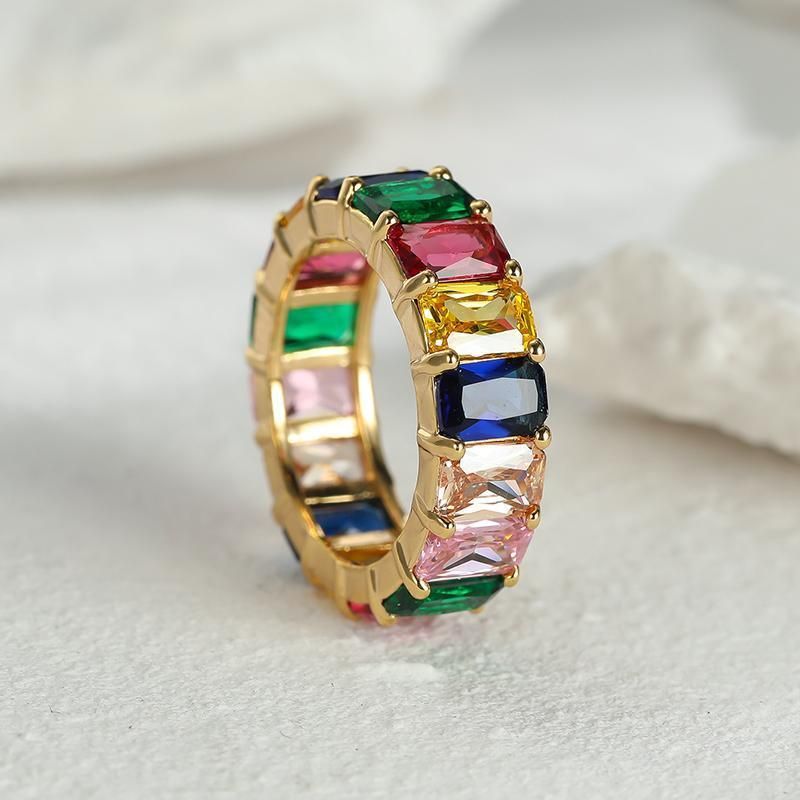 Rainbow Zircon Gemstone Ring Women's Stainless Steel Colourful Ring Size 6-10 - Silver-Multicolor-6
