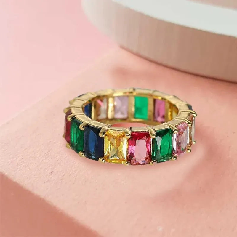 Rainbow Zircon Gemstone Ring Women's Stainless Steel Colourful Ring Size 6-10 - Silver-Multicolor-6