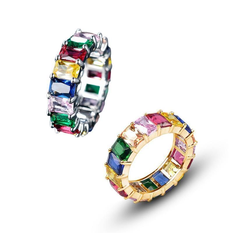 Rainbow Zircon Gemstone Ring Women's Stainless Steel Colourful Ring Size 6-10 - Silver-Multicolor-9