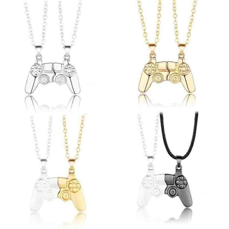 Matching Gamer Controller Necklace for Couples or Friends Pendant Gift Set - Silver and Silver