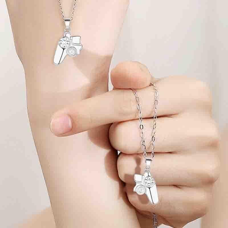 Matching Gamer Controller Necklace for Couples or Friends Pendant Gift Set - Silver and Silver