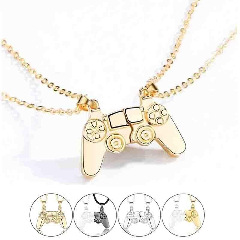 Matching Gamer Controller Necklace for Couples or Friends Pendant Gift Set - Silver and Silver