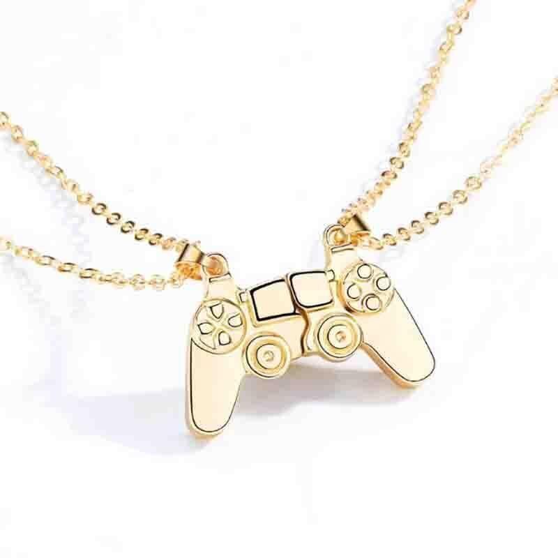 Matching Gamer Controller Necklace for Couples or Friends Pendant Gift Set - Silver and Silver