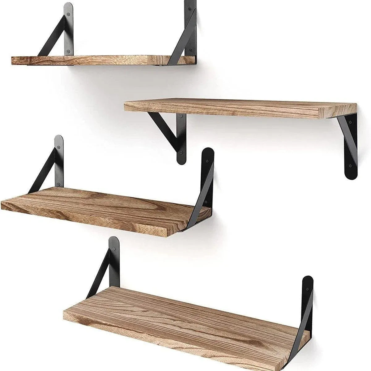 4 Wall-Mounted Wood Shelves with Black Metal Brackets