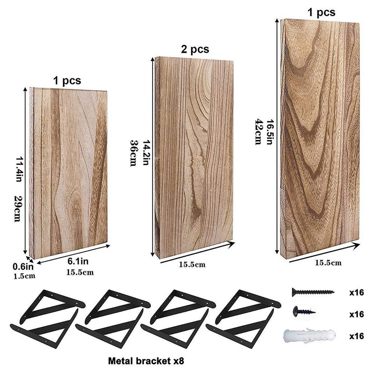 4 Wall-Mounted Wood Shelves with Black Metal Brackets