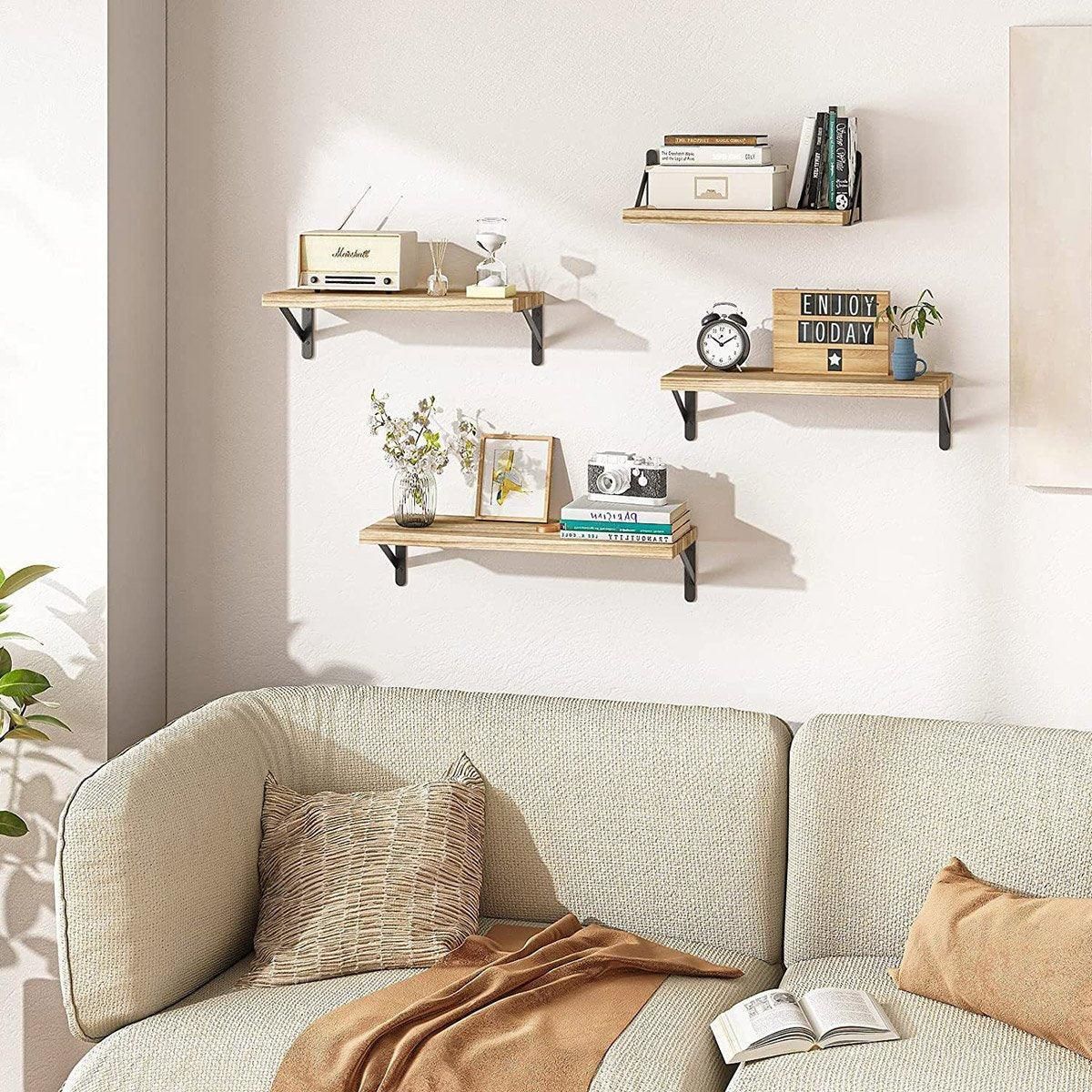 4 Wall-Mounted Wood Shelves with Black Metal Brackets