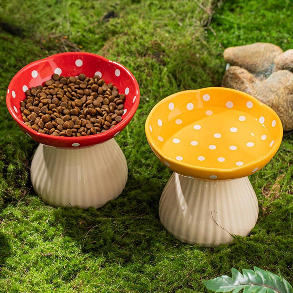 Pet Elevated Mushroom Bowl Ceramic Cat Dog Bowl Dish Food Feeder Raised Cat Bowl - Red