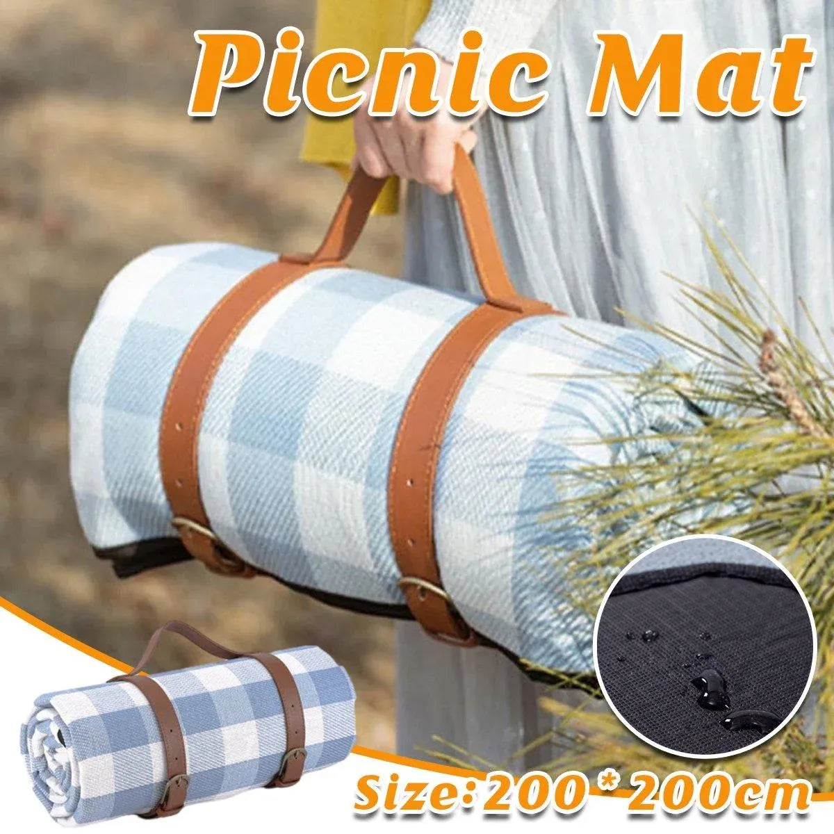 1-Piece Blue and White Check Picnic Blanket with Carry Straps, 200 x 200 cm