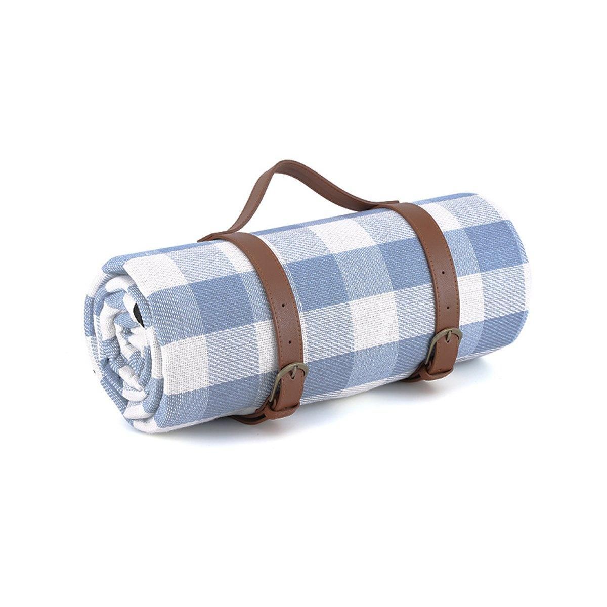 1-Piece Blue and White Check Picnic Blanket with Carry Straps, 200 x 200 cm