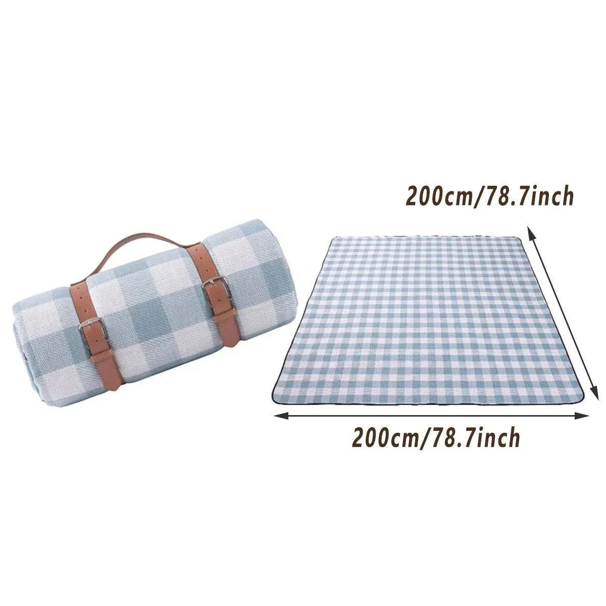 1-Piece Blue and White Check Picnic Blanket with Carry Straps, 200 x 200 cm