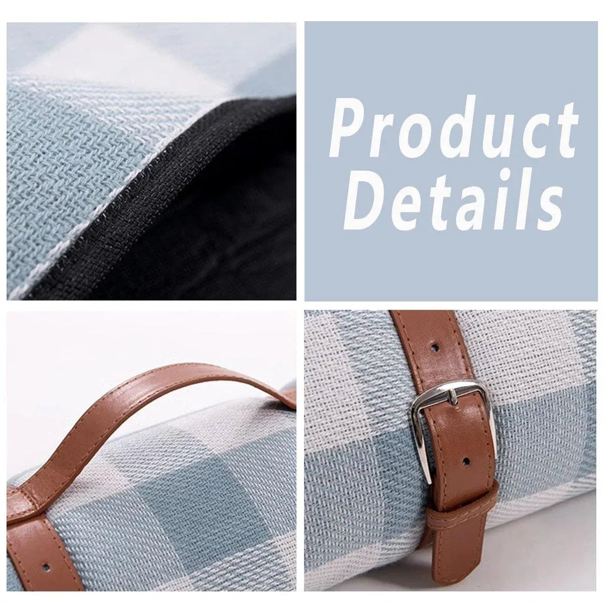 1-Piece Blue and White Check Picnic Blanket with Carry Straps, 200 x 200 cm