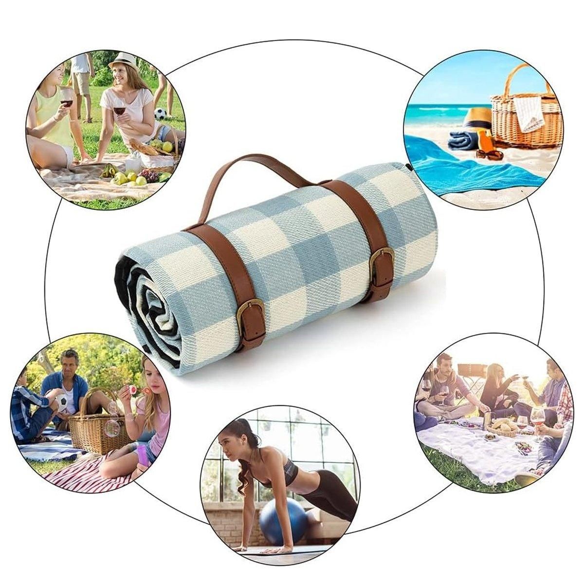 1-Piece Blue and White Check Picnic Blanket with Carry Straps, 200 x 200 cm