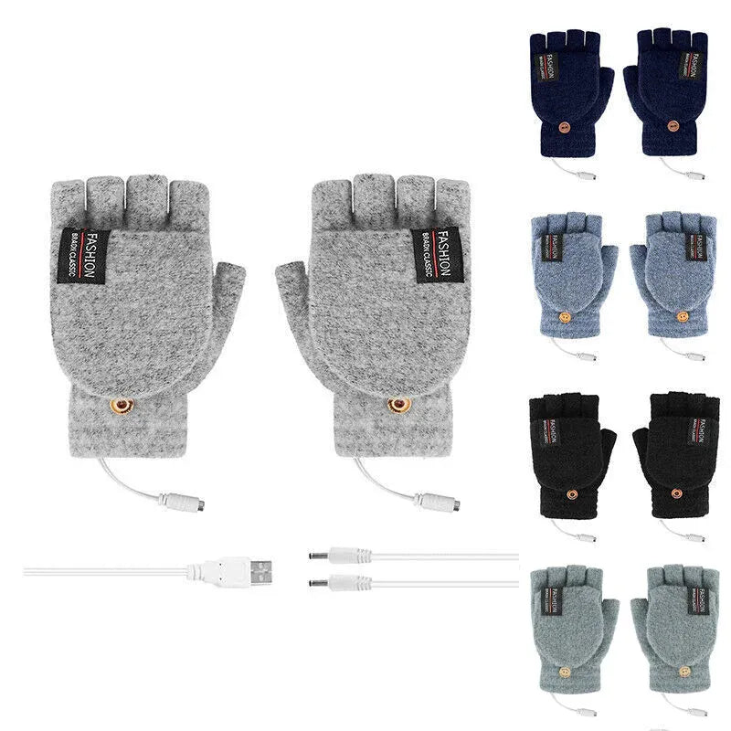 USB Heated Half Finger Gloves Winter Warm Knitted Gloves for Typing and Office Use - Navy