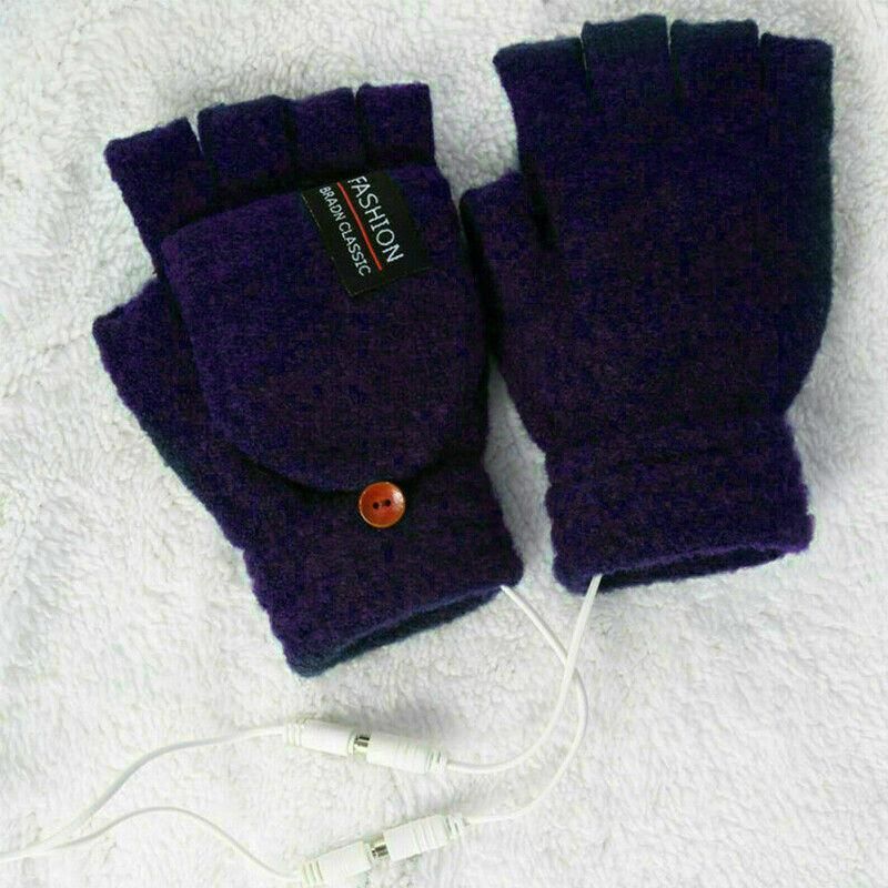 USB Heated Half Finger Gloves Winter Warm Knitted Gloves for Typing and Office Use - Navy
