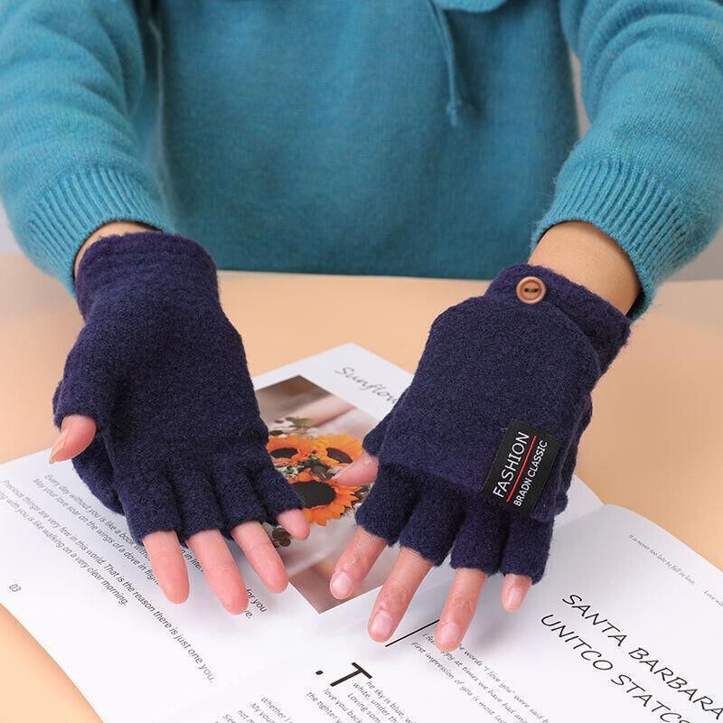 USB Heated Half Finger Gloves Winter Warm Knitted Gloves for Typing and Office Use - Navy