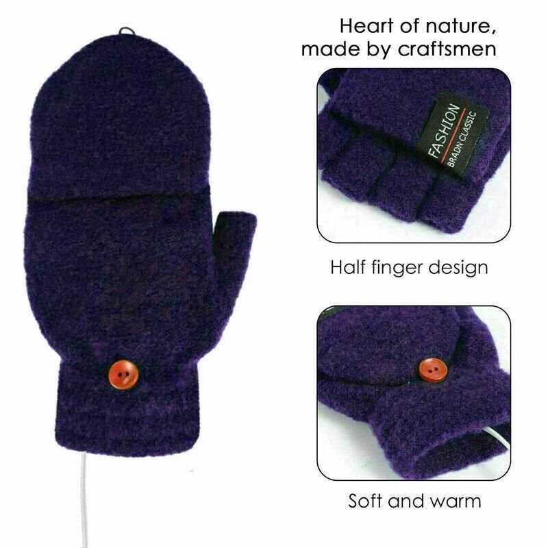 USB Heated Half Finger Gloves Winter Warm Knitted Gloves for Typing and Office Use - Navy