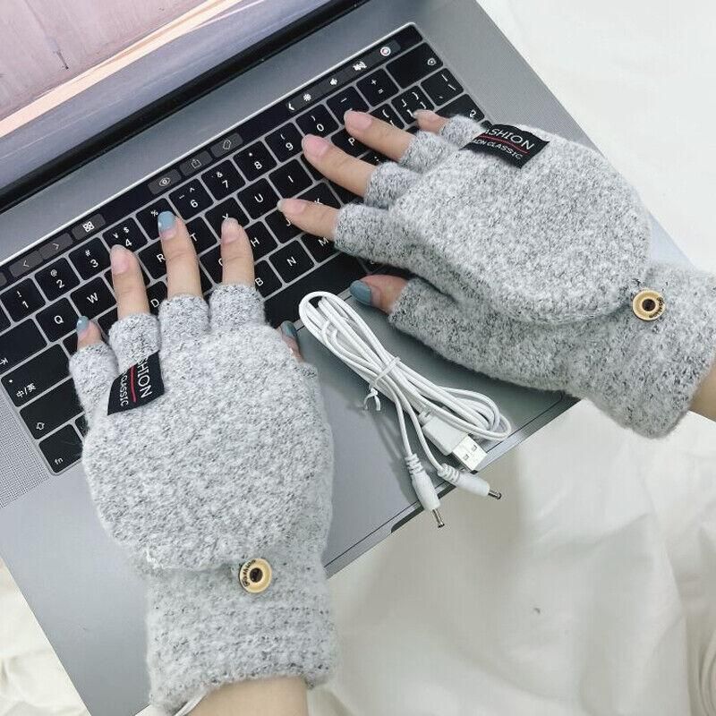 USB Heated Half Finger Gloves Winter Warm Knitted Gloves for Typing and Office Use - Navy