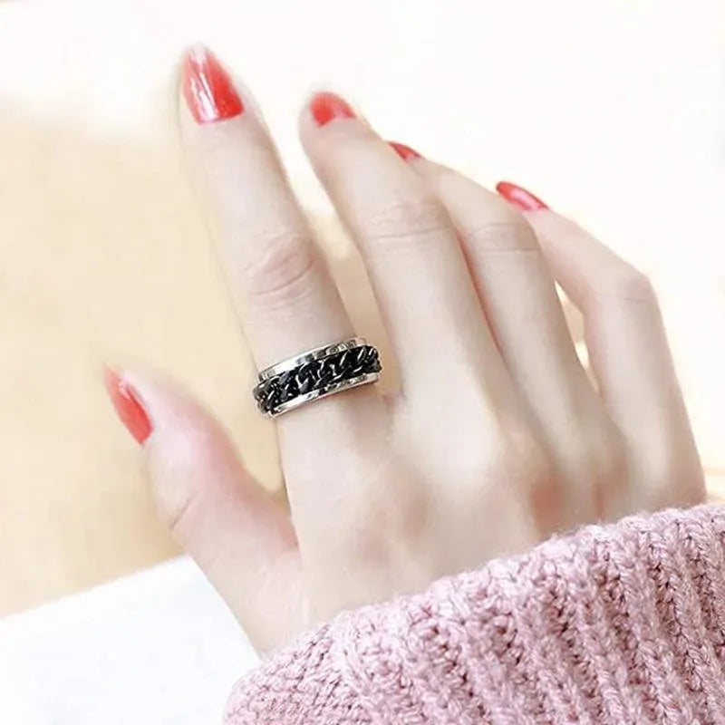 Spinner Rings Mens Womens Fidget Rotating Ring Silver Stainless Steel Size 11 - Black