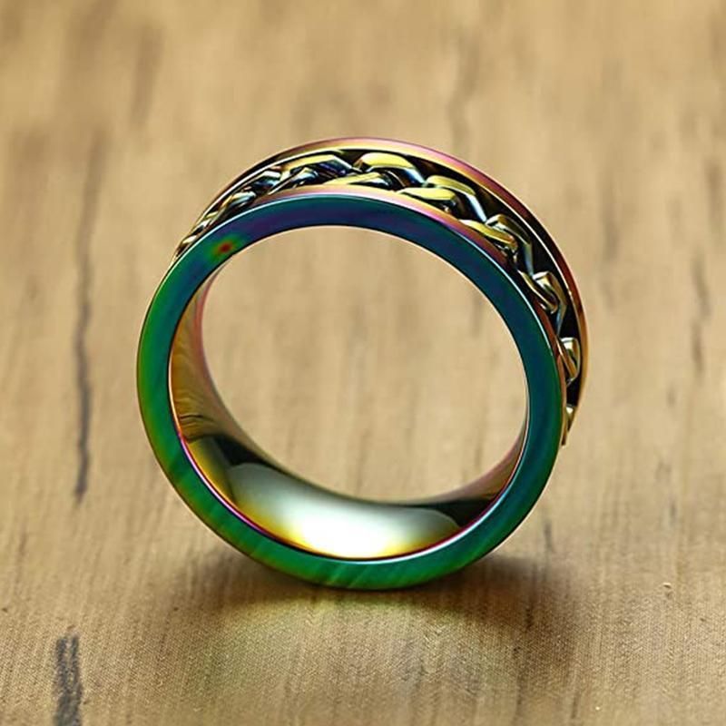 Spinner Rings Mens Womens Fidget Rotating Ring Silver Stainless Steel Size 11 - Rainbow