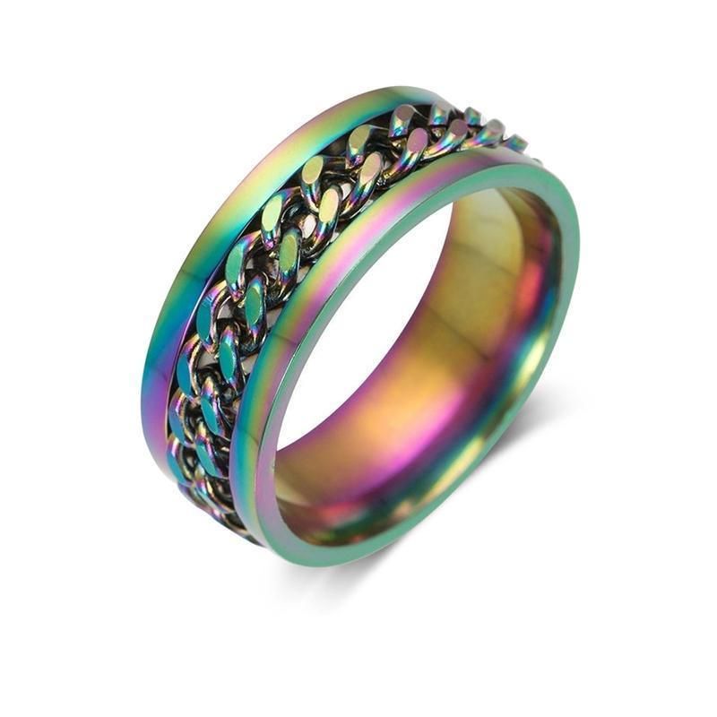 Spinner Rings Mens Womens Fidget Rotating Ring Silver Stainless Steel Size 12 - Rainbow