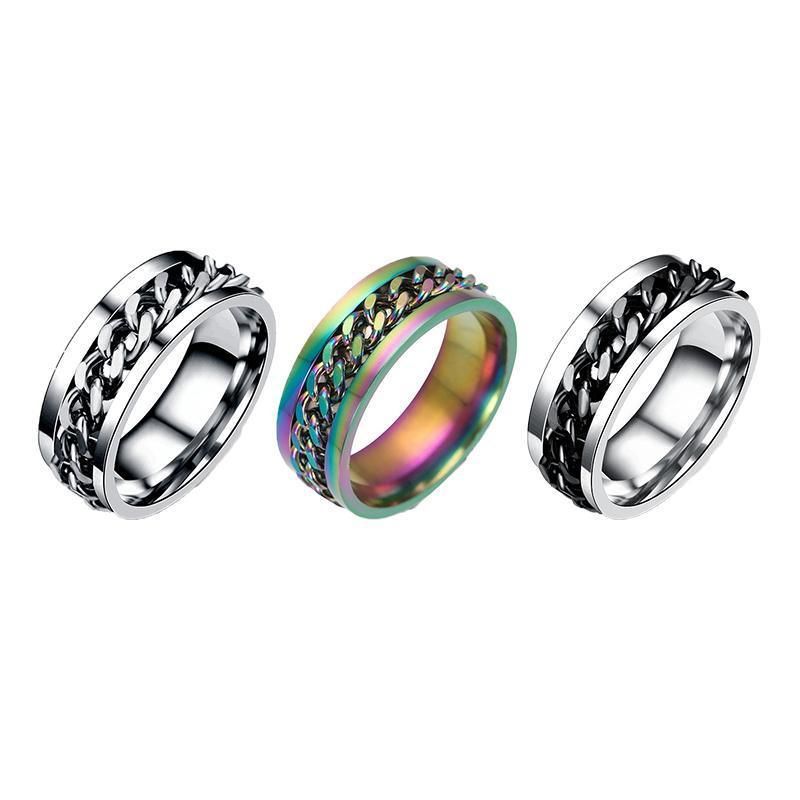 Spinner Rings Mens Womens Fidget Rotating Ring Silver Stainless Steel Size 12 - Rainbow
