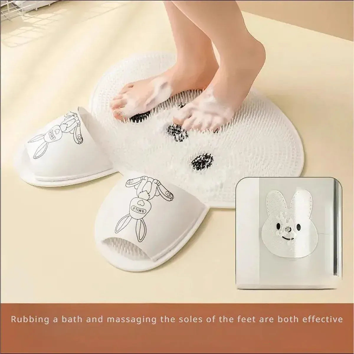 Silicone Foot Scrubber Rabbit Tub Mat Suction Cup Exfoliating Brush Cleaning Mat - White