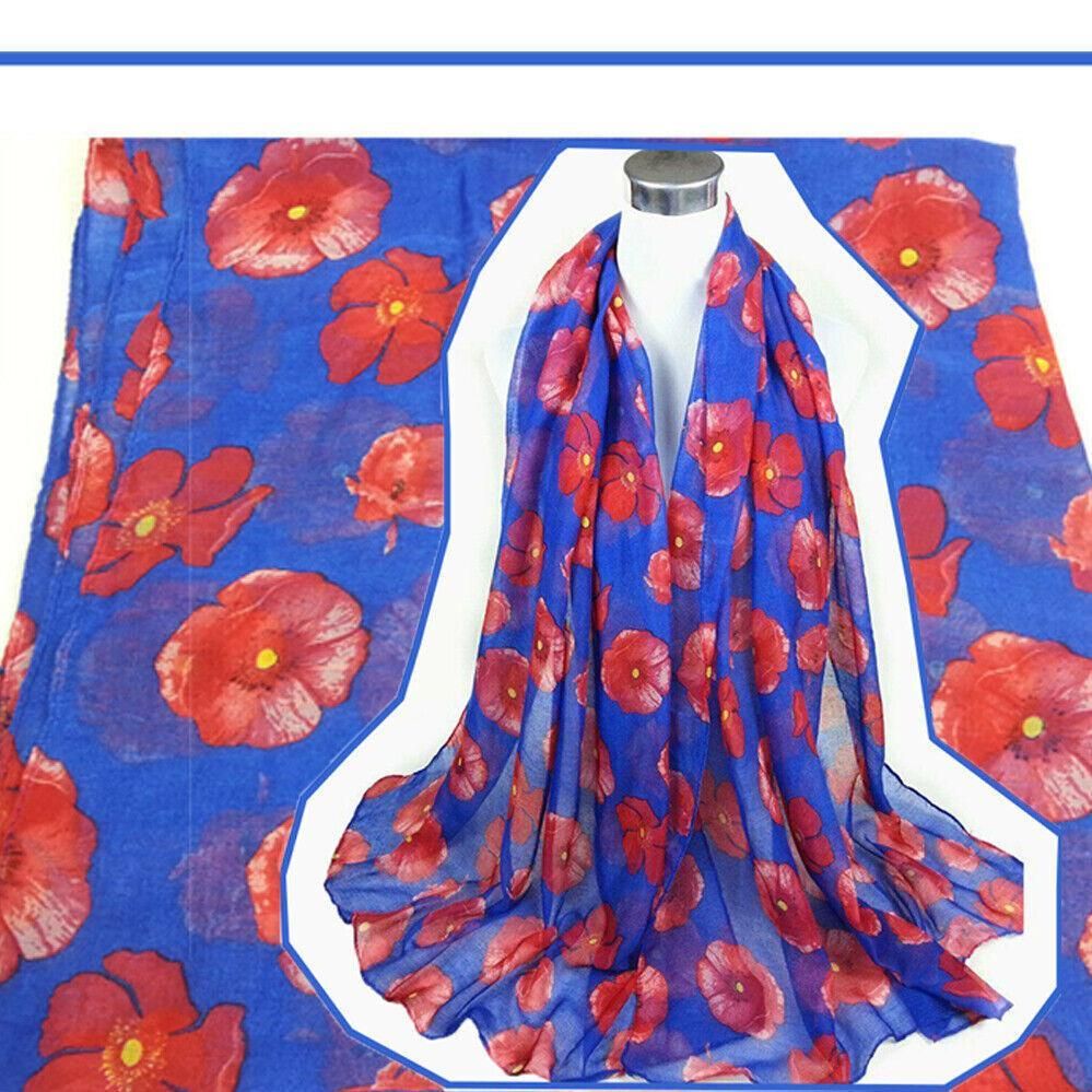 Women Ladies Poppy Print Floral Scarf Remembrance Day Poppies Scarves Wrap Shawl