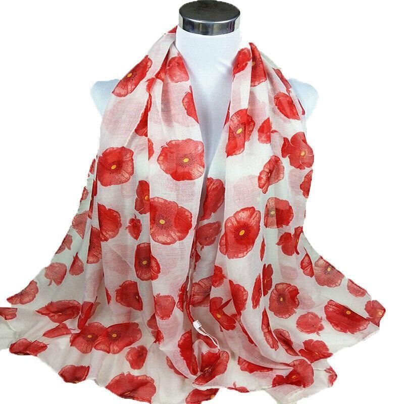 Women Ladies Poppy Print Floral Scarf Remembrance Day Poppies Scarves Wrap Shawl
