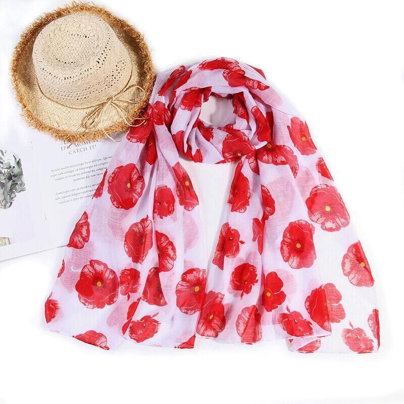 Women Ladies Poppy Print Floral Scarf Remembrance Day Poppies Scarves Wrap Shawl