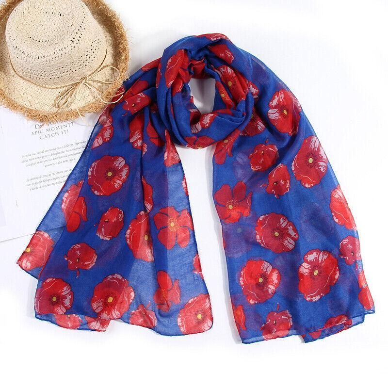 Women Ladies Poppy Print Floral Scarf Remembrance Day Poppies Scarves Wrap Shawl