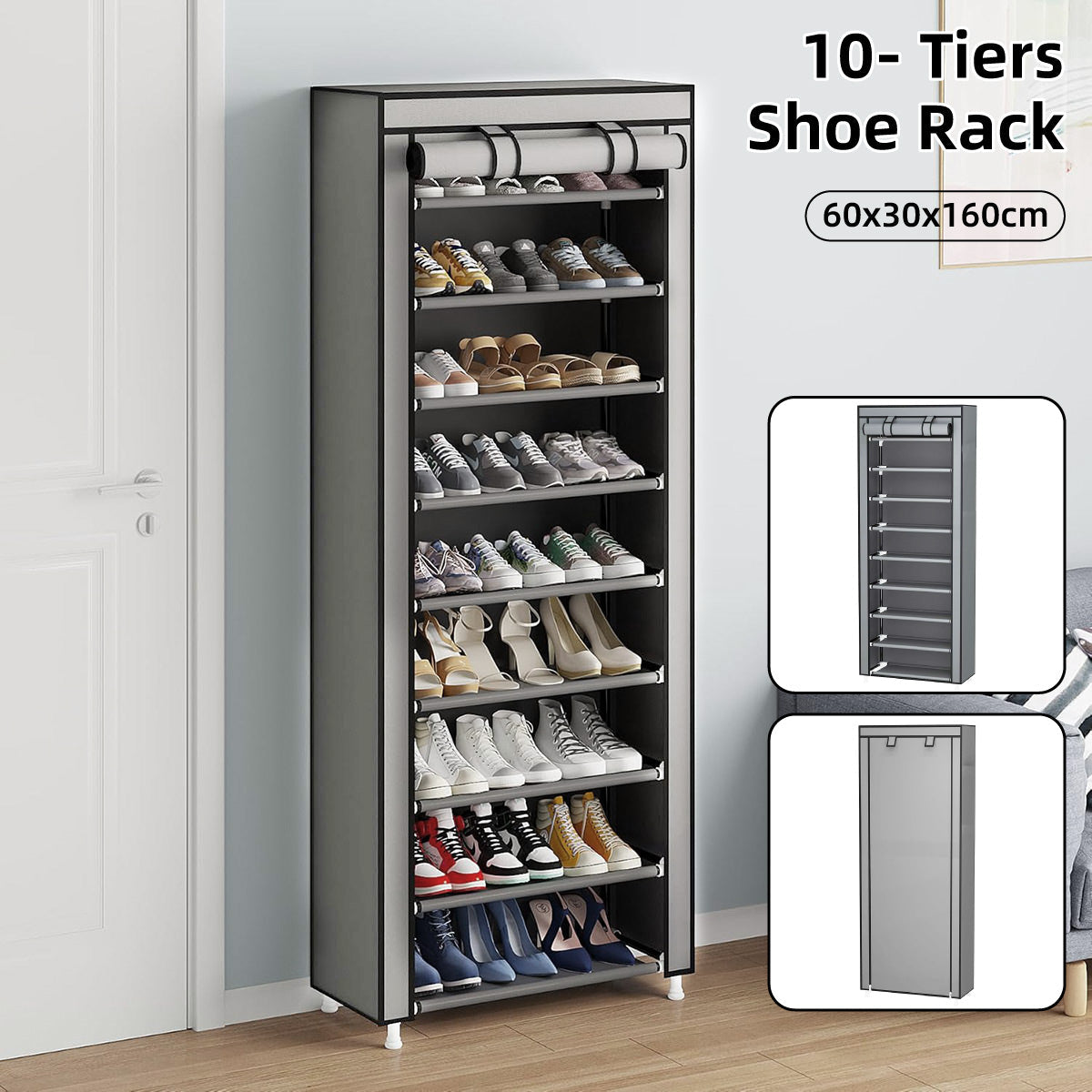 10 Tier Black Shoe Rack Dustproof Organiser Shoe Storage Cabinet for Home Use