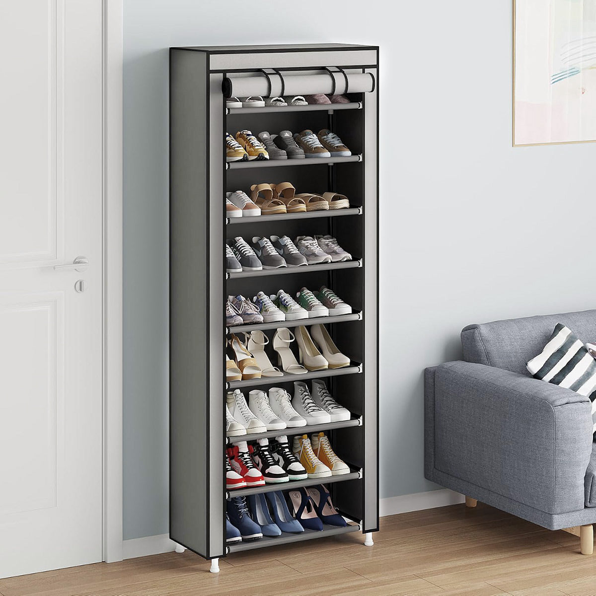 10 Tier Black Shoe Rack Dustproof Organiser Shoe Storage Cabinet for Home Use